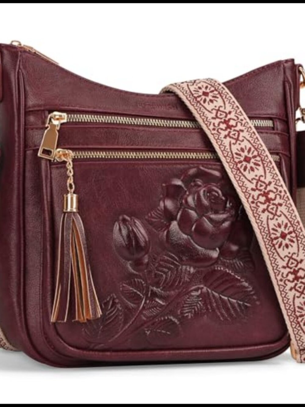 Vegan Leather Crossbody Bag Embossed Rose Floral Purse for Women